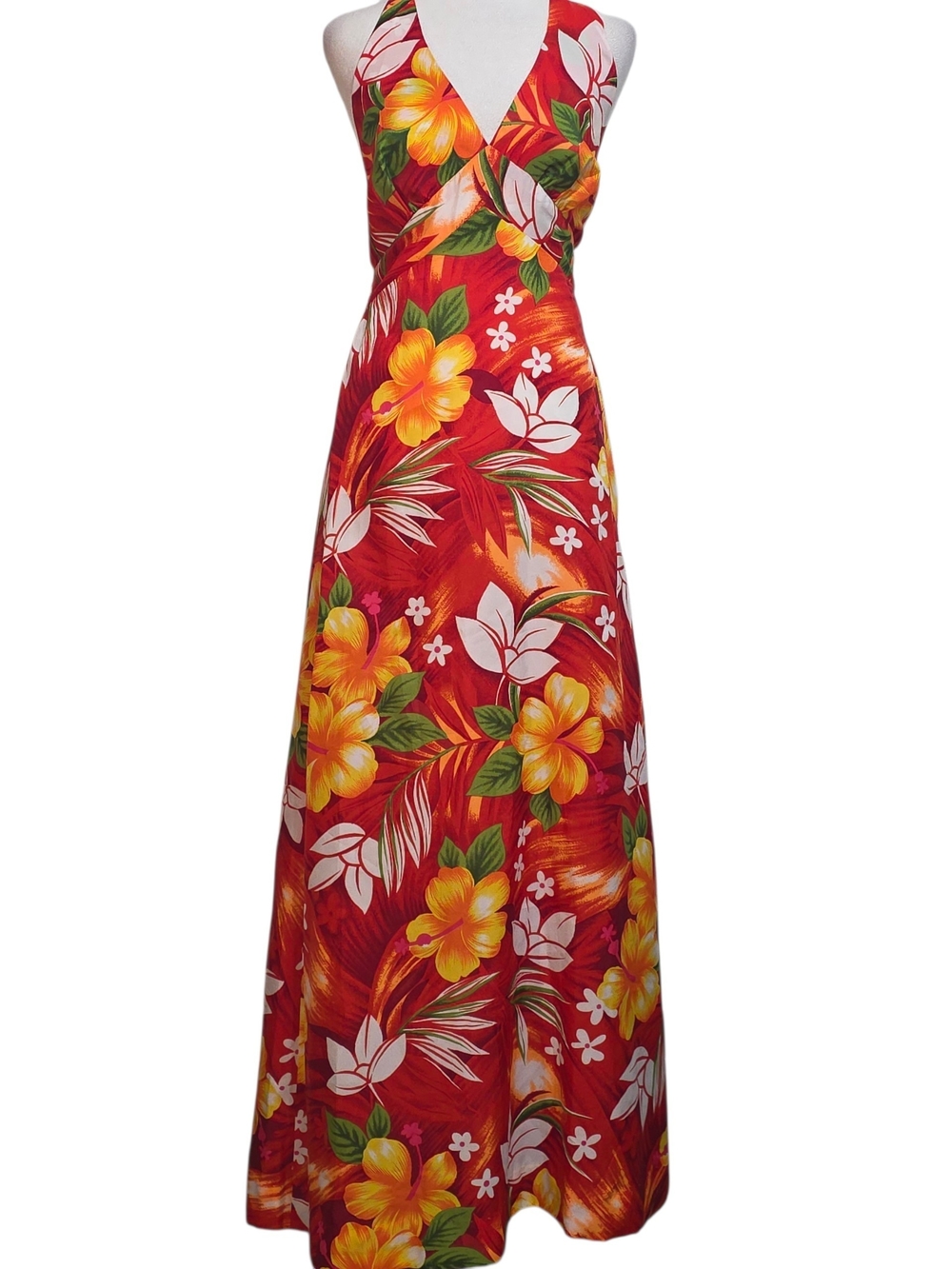 Vintage 70s Pomare Hawaii Halter Maxi Dress Red Tropical Floral Hawaiian Size M